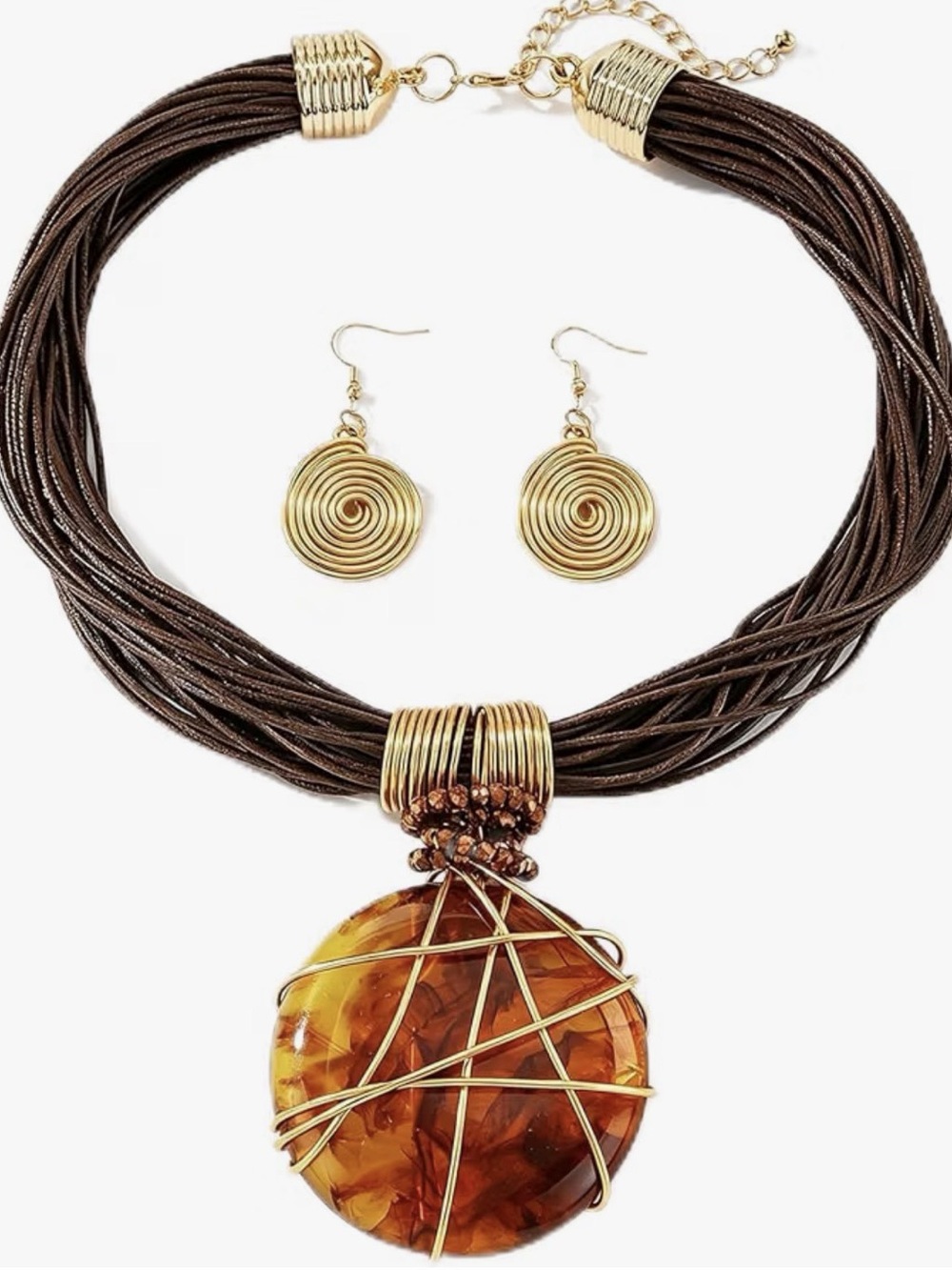 NEW Brown & Gold Pendant Necklace Set Like New